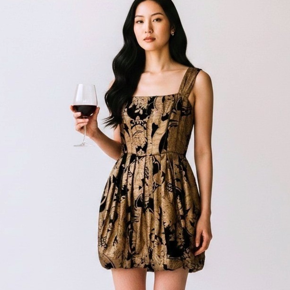 Vintage Purificacion Garcia Gold Green Velvet Brocade Bubble Hem Dress Small